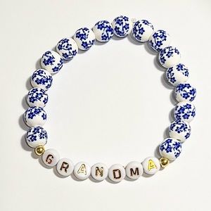 GRANDMA Bracelet handmade glass porcelain beads white and blue Mothers Day